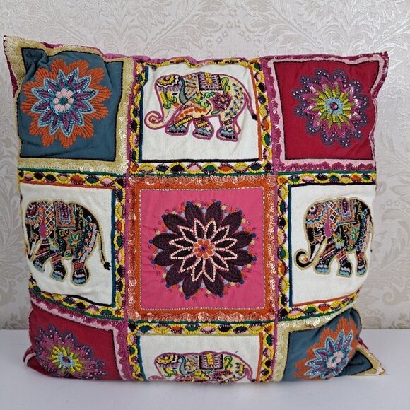 Elephant and Mandala Embellished Throw Pillow Beads Sequins Pink Velvet Back - Picture 1 of 9